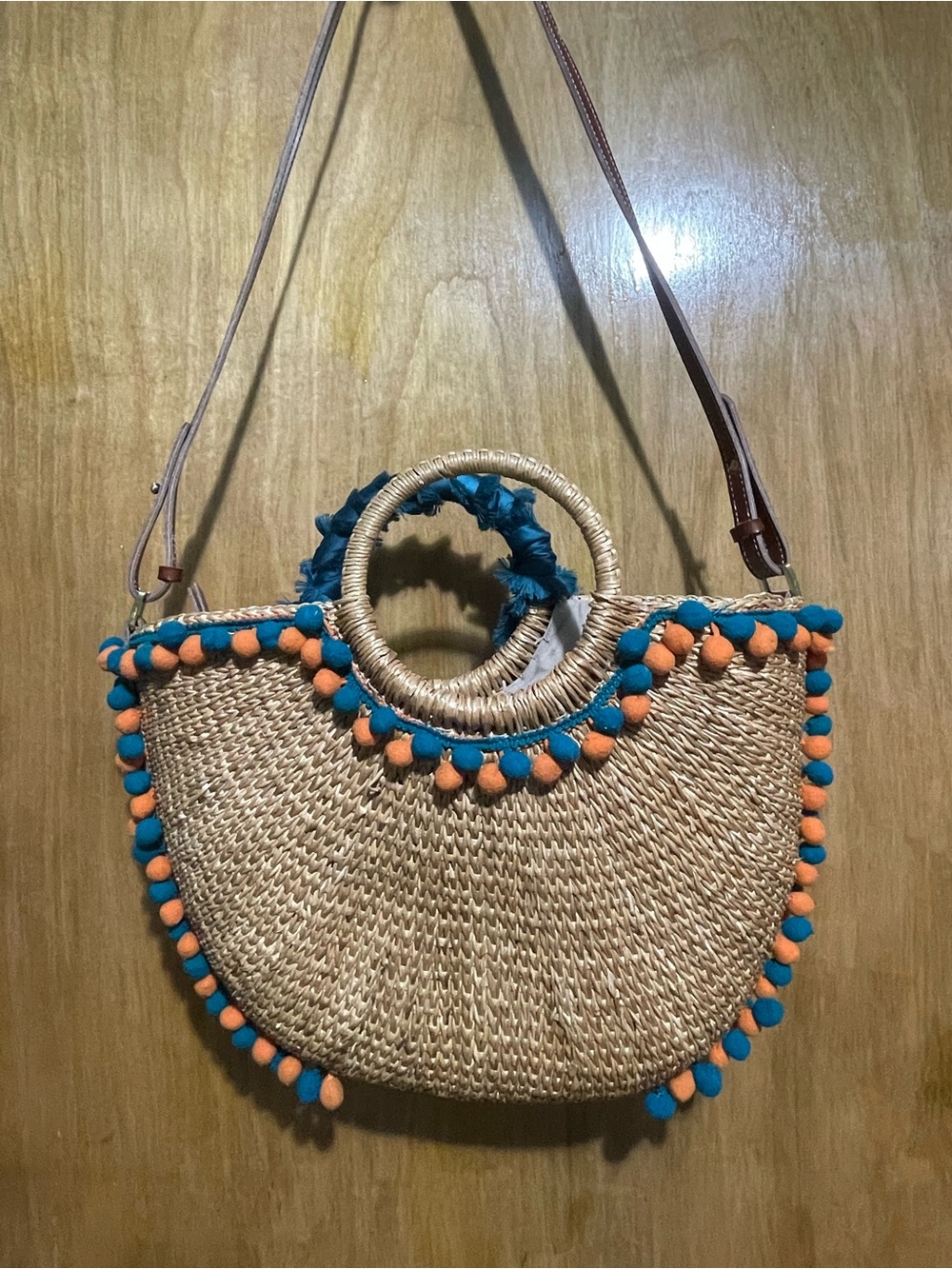 Sam Edelman Innesa Natural Brite/Multi Woven Straw Pom Pom Zip Top Handled Strap - Picture 4 of 9